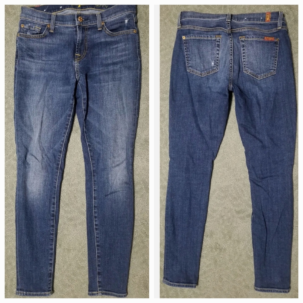 7 For All Mankind The Ankle Skinny Jeans Destroyed Blue Denim, Size 24